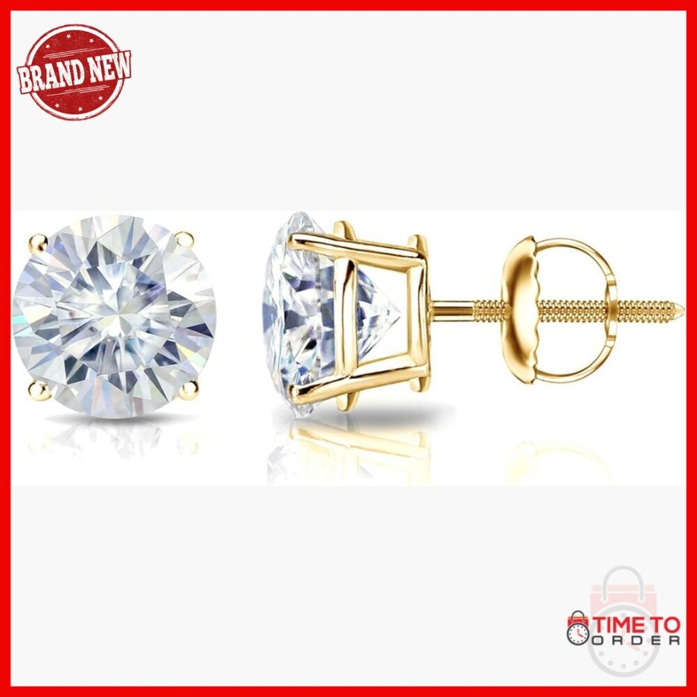1 Carat Moissanite Round Stud Earrings 14k Gold Screw Back